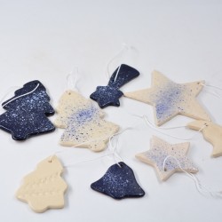 Decoraţiuni ceramică Căciun, Alb Albastru (set 8) - 6 cm, 10 cm