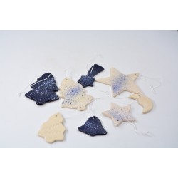 Decoraţiuni ceramică Căciun, Alb Albastru (set 8) - 6 cm, 10 cm
