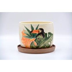 Ghiveci ceramică cu gaură și farfurie - Tucan 17 x 14 cm