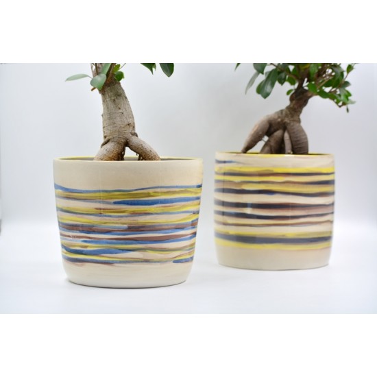 Ghiveci ceramică cu gaură și farfurie, Albastru - Galben, 14 x 13 cm