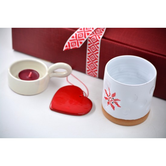 Cutie cadou Tradițională Roșu - 1 pahar amprente + suport lumȃnare + deco